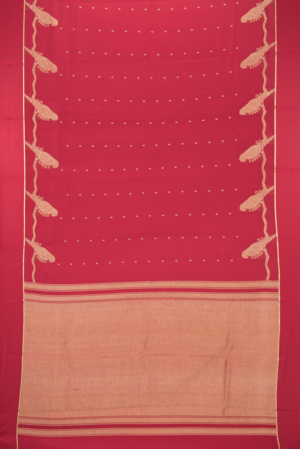 Flat view of Red Dual Tone Georgette Saree with Zari Butta on the body and Zari Border. 