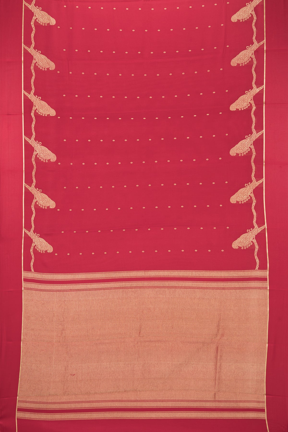Flat view of Red Dual Tone Georgette Saree with Zari Butta on the body and Zari Border. 