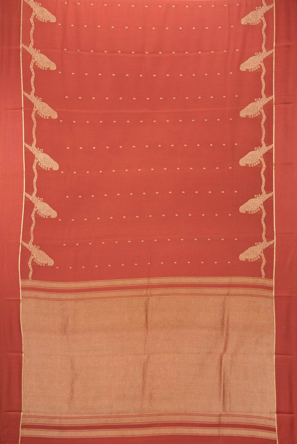 Flat view of Brick Orange Dual Tone Georgette Saree with Zari Butta on the body and Zari Border. 