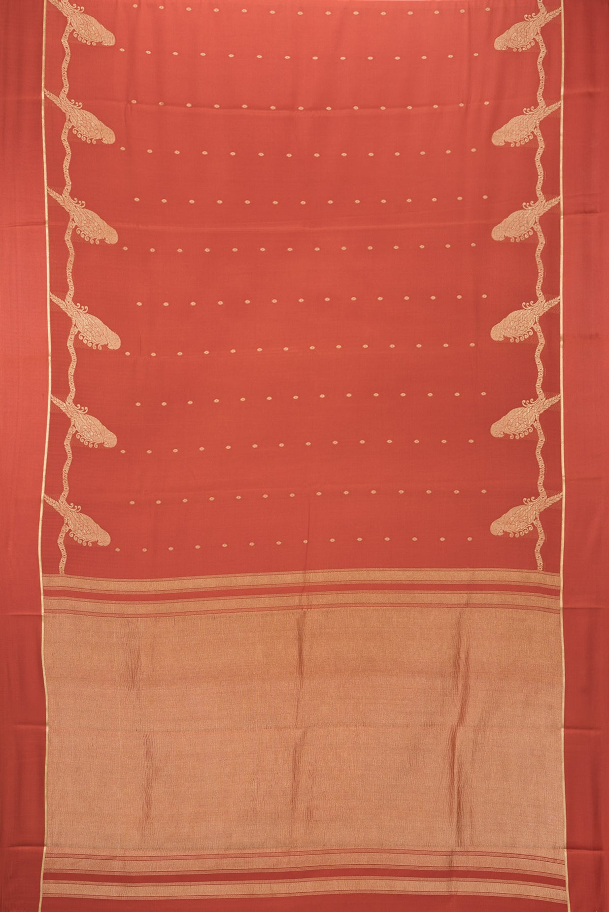 Flat view of Brick Orange Dual Tone Georgette Saree with Zari Butta on the body and Zari Border. 