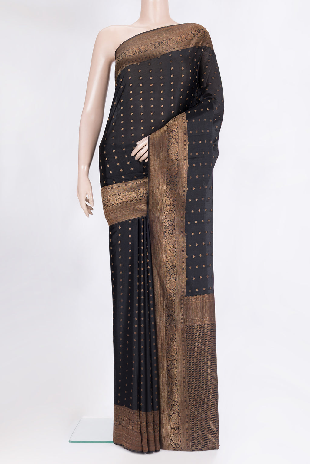Pure Silk Black Dual Tone Banarasi Georgette Saree with Zari Butta on the body and Fancy Border.  displayed on a mannequin