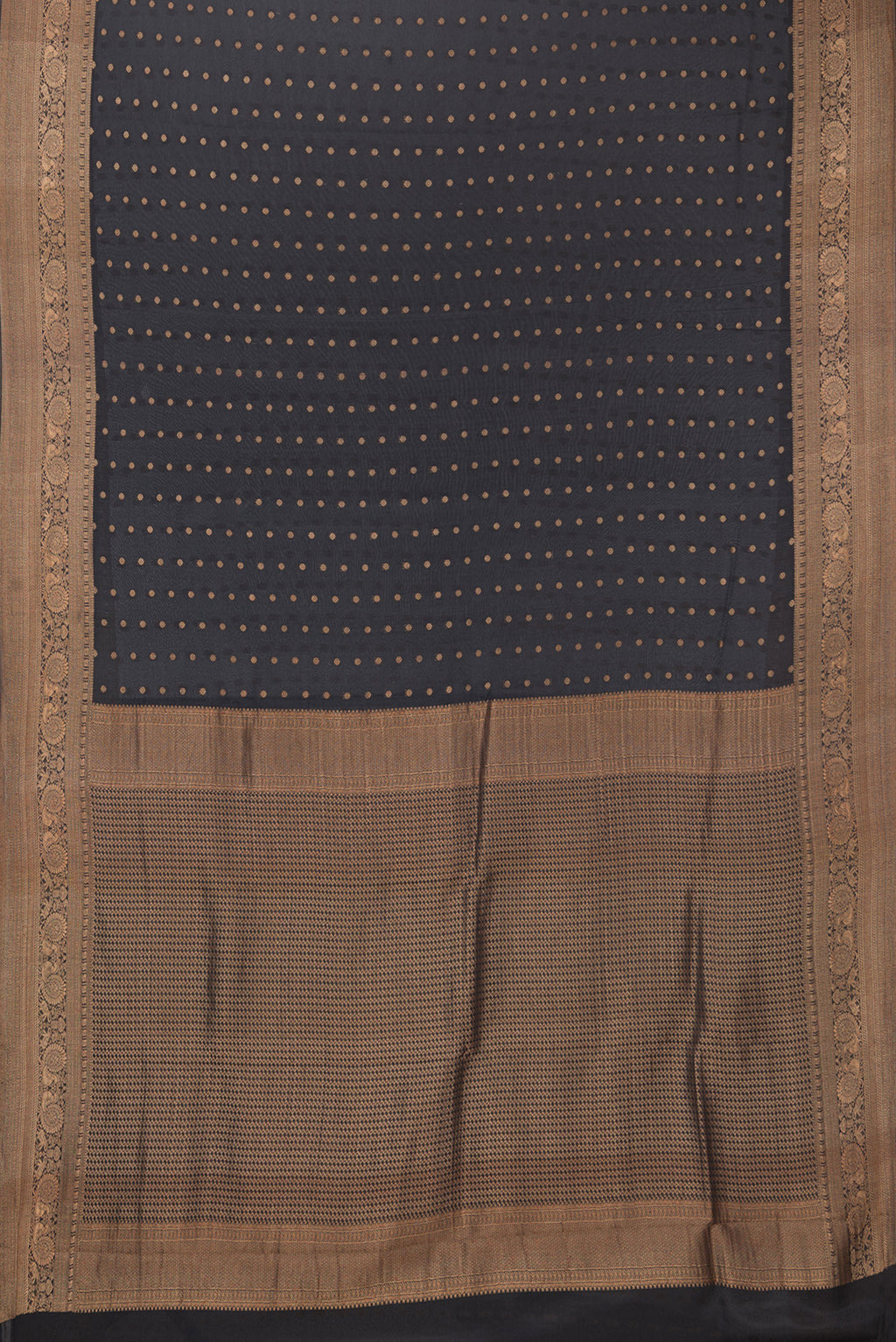 Flat view of Pure Silk Black Dual Tone Banarasi Georgette Saree with Zari Butta on the body and Fancy Border. 