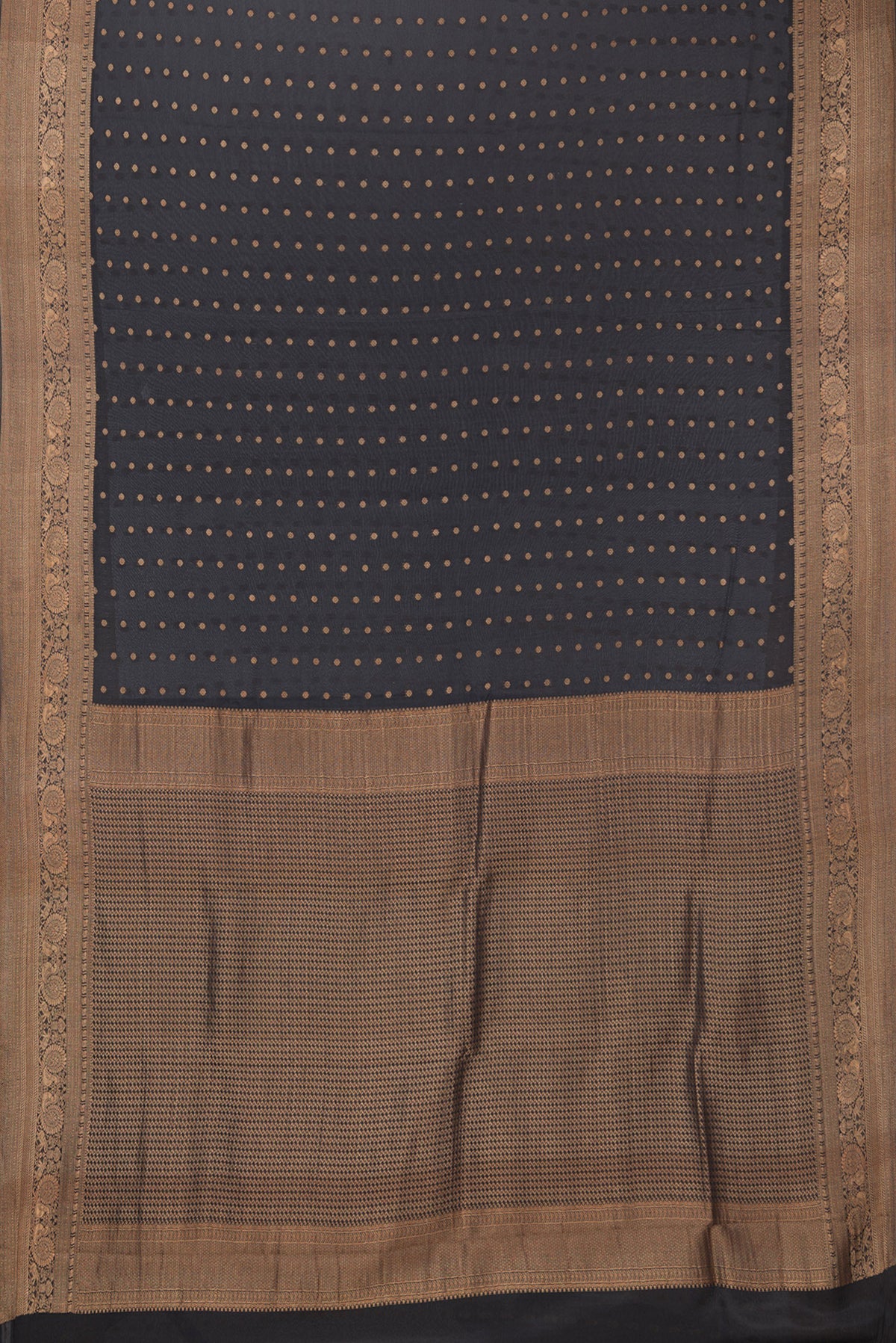 Flat view of Pure Silk Black Dual Tone Banarasi Georgette Saree with Zari Butta on the body and Fancy Border. 