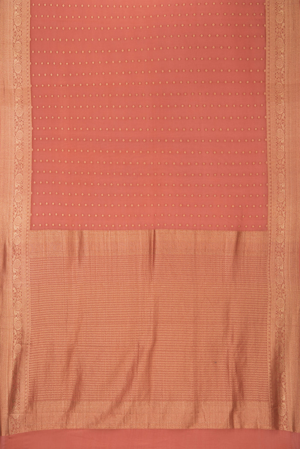 Flat view of Rust Dual Tone Georgette Saree with Zari Butta on the body and Zari Border. 