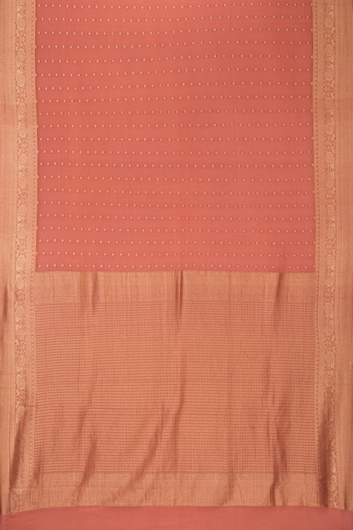 Flat view of Rust Dual Tone Georgette Saree with Zari Butta on the body and Zari Border. 