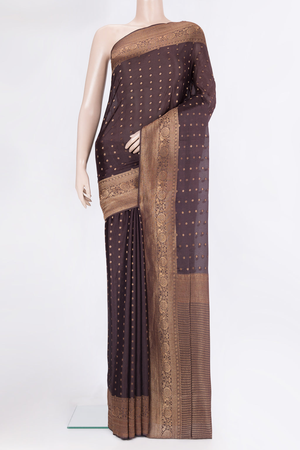 Pure Silk Bronze Dual Tone Banarasi Georgette Saree with Zari Brocade on the body and Zari Border.  displayed on a mannequin