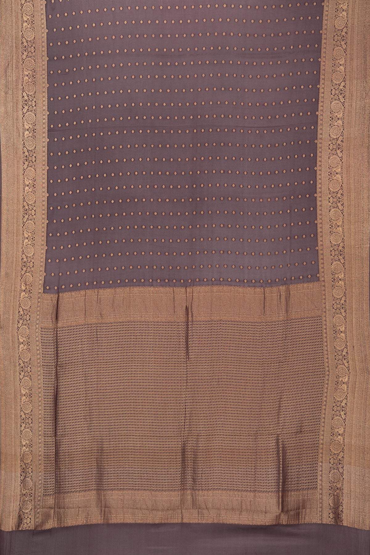 Flat view of Pure Silk Bronze Dual Tone Banarasi Georgette Saree with Zari Brocade on the body and Zari Border. 