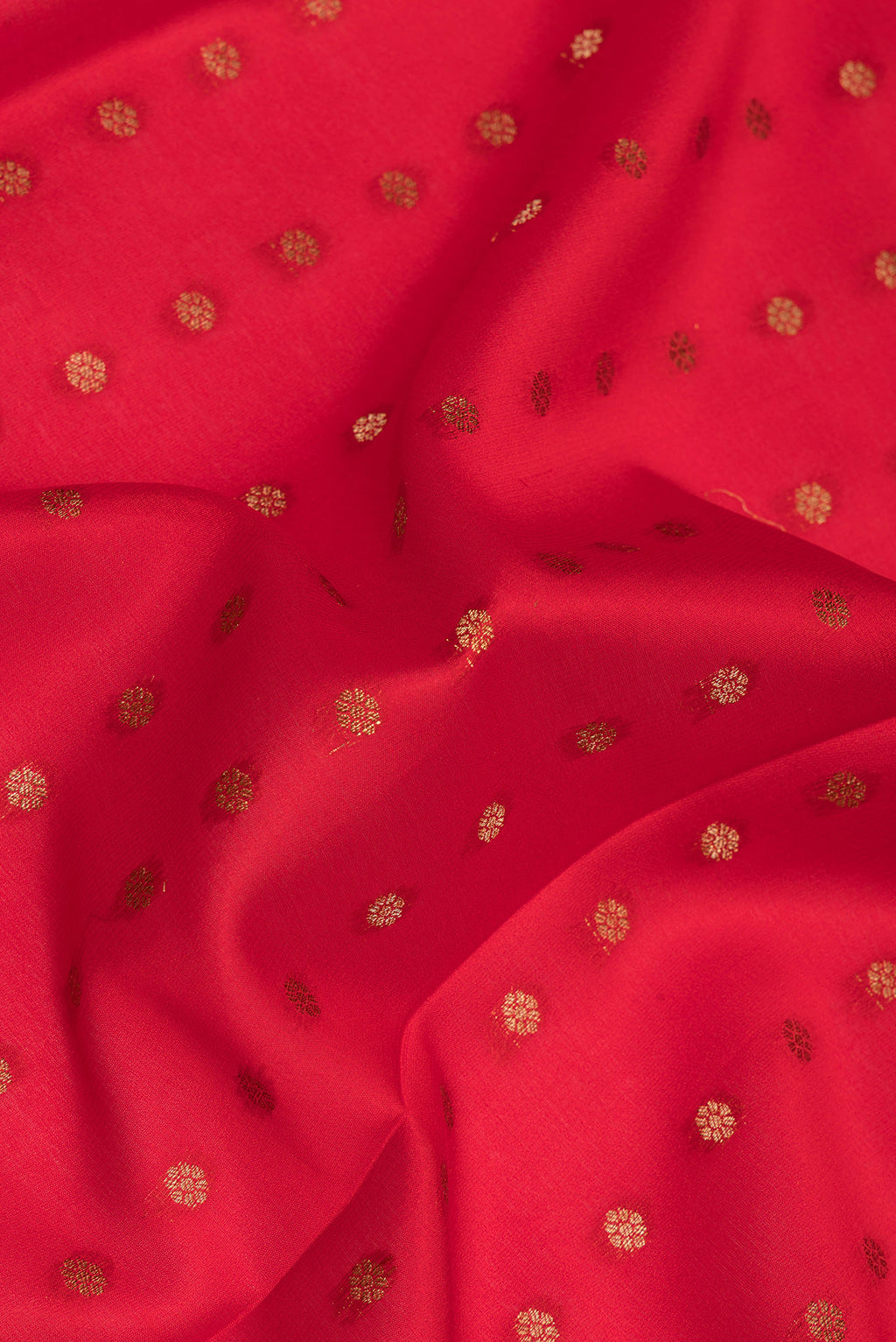 Close up of Pure Silk Red Dual Tone Banarasi Georgette Saree with Zari Butta on the body and Zari Border.  displaying folds
