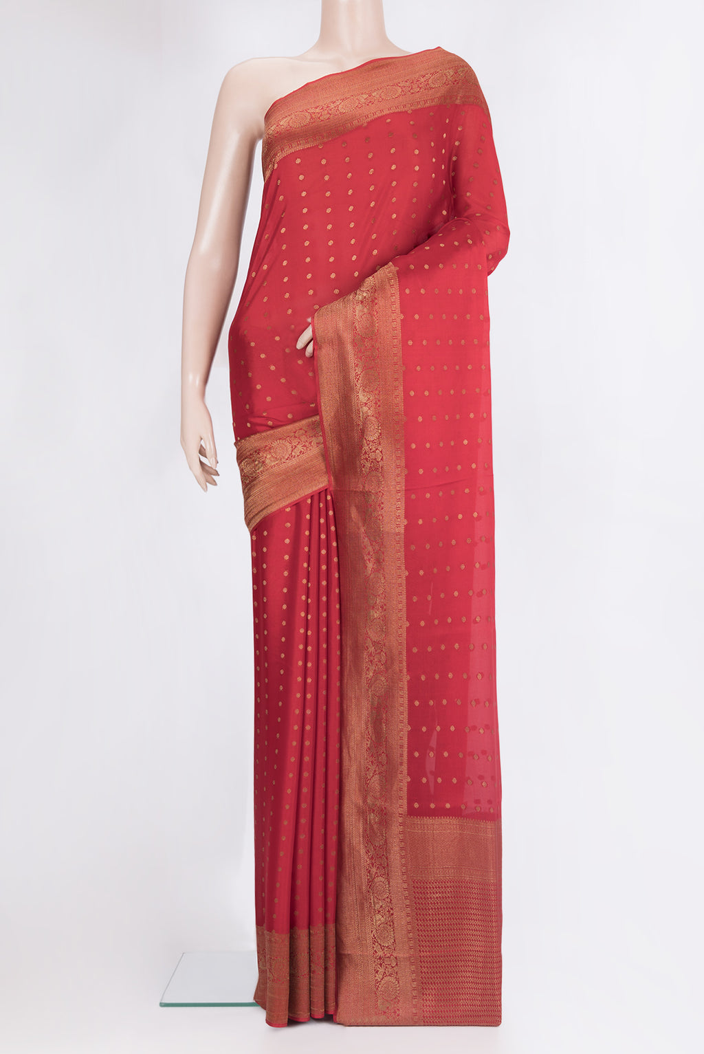Pure Silk Red Dual Tone Banarasi Georgette Saree with Zari Butta on the body and Zari Border.  displayed on a mannequin