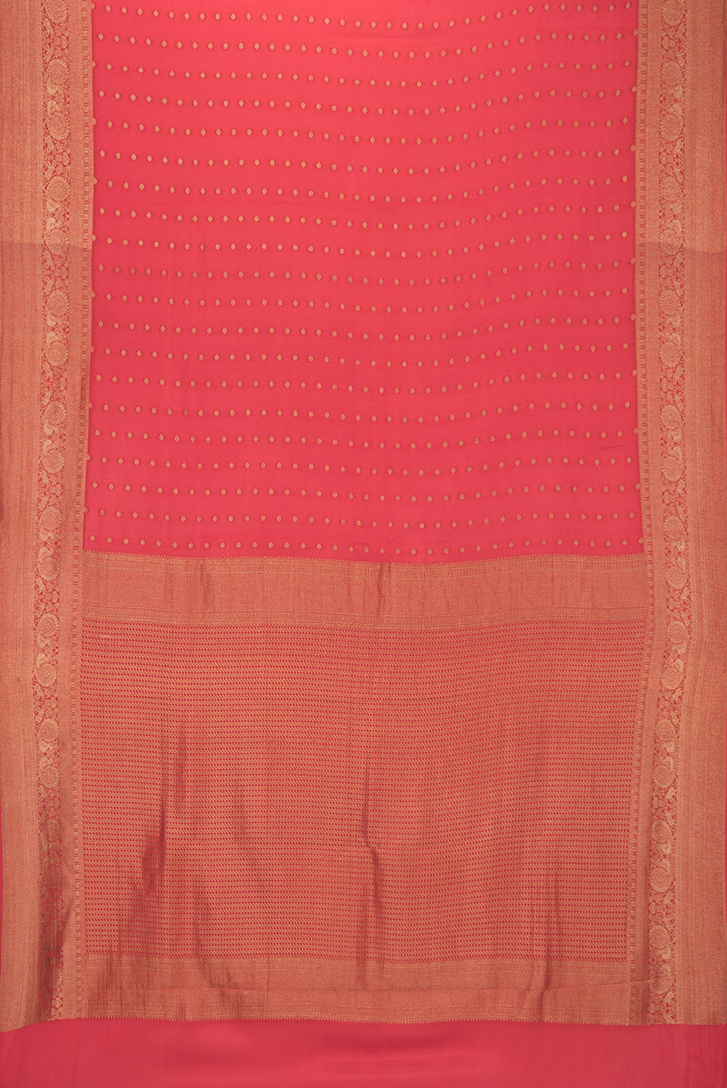 Flat view of Pure Silk Red Dual Tone Banarasi Georgette Saree with Zari Butta on the body and Zari Border. 