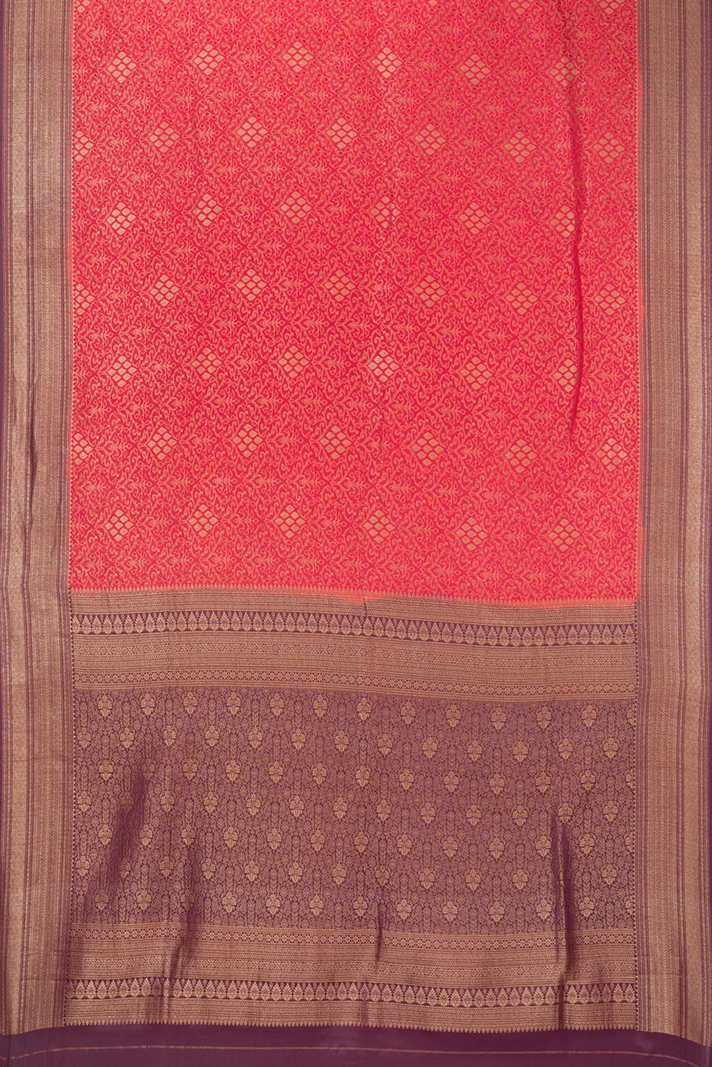 Flat view of Dark Pink Georgette Saree with Zari Brocade on the body and Zari Border. 