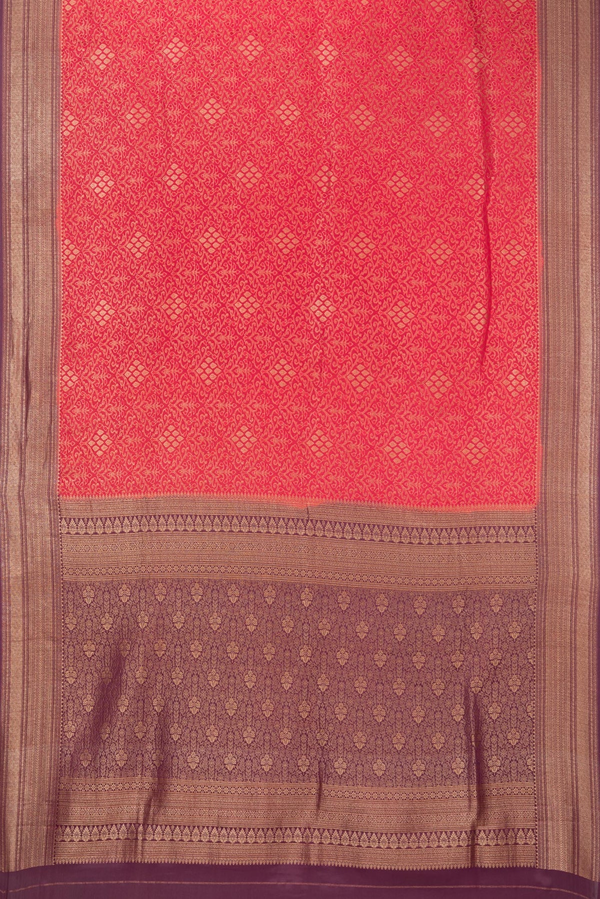 Flat view of Dark Pink Georgette Saree with Zari Brocade on the body and Zari Border. 