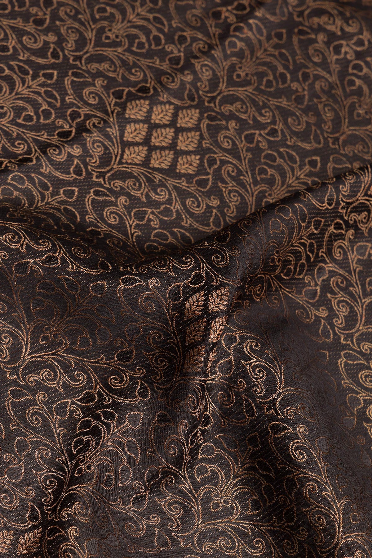 Close up of Pure Silk Black Dual Tone Banarasi Georgette Saree with Zari Brocade on the body and Zari Border.  displaying folds