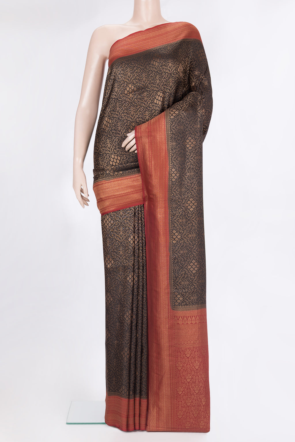 Pure Silk Black Dual Tone Banarasi Georgette Saree with Zari Brocade on the body and Zari Border.  displayed on a mannequin