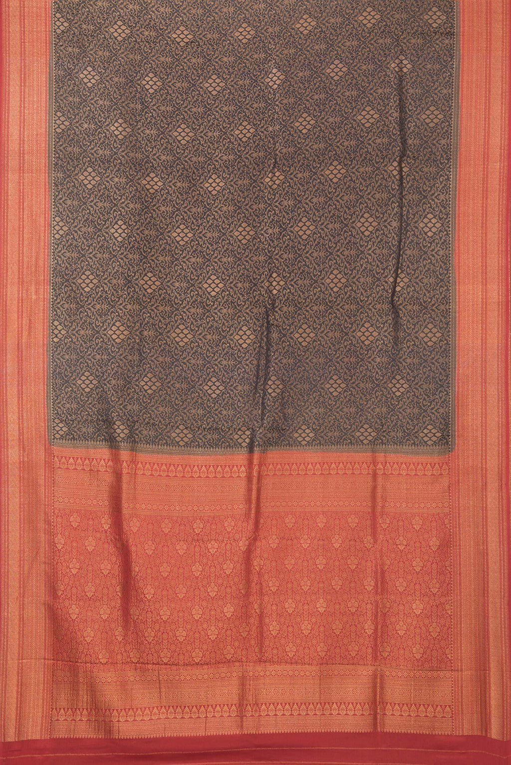 Flat view of Pure Silk Black Dual Tone Banarasi Georgette Saree with Zari Brocade on the body and Zari Border. 