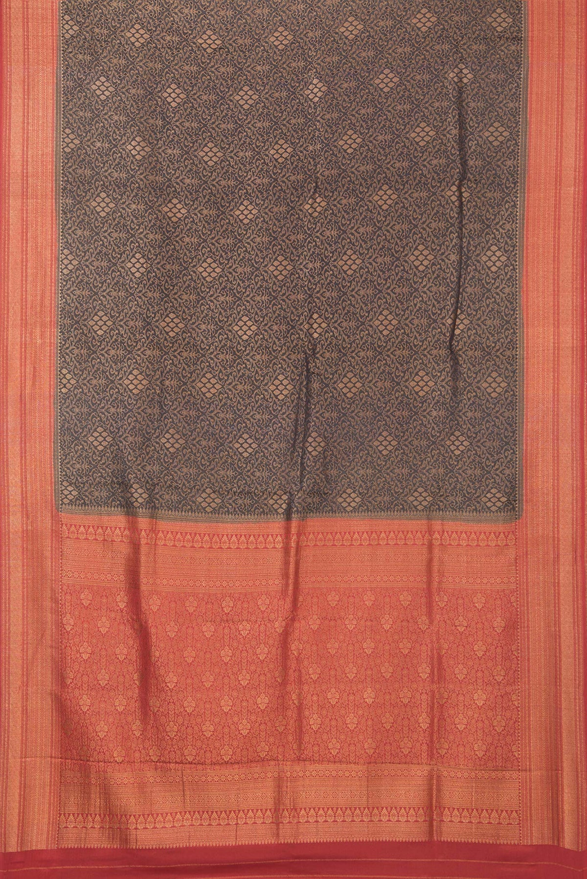 Flat view of Pure Silk Black Dual Tone Banarasi Georgette Saree with Zari Brocade on the body and Zari Border. 