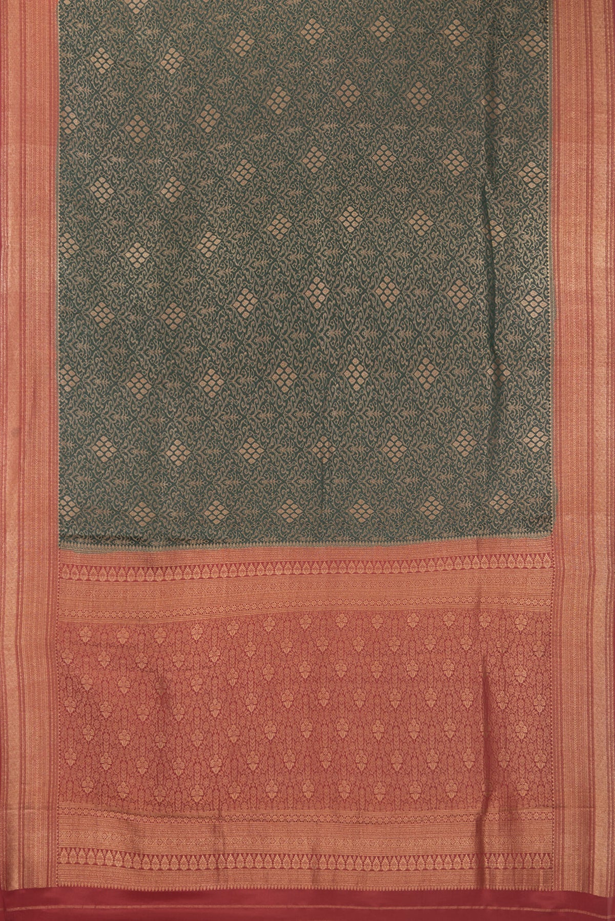 Flat view of Pure Silk Bottle Green Dual Tone Banarasi Georgette Saree with Zari Brocade on the body and Zari Border. 