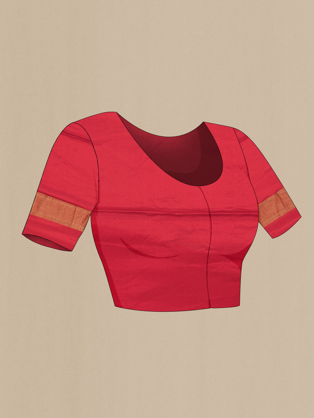 Close up image of the blouse of Red Dual Tone Mysore Crepe Saree with Zari Brocade on the body and Zari Border. 