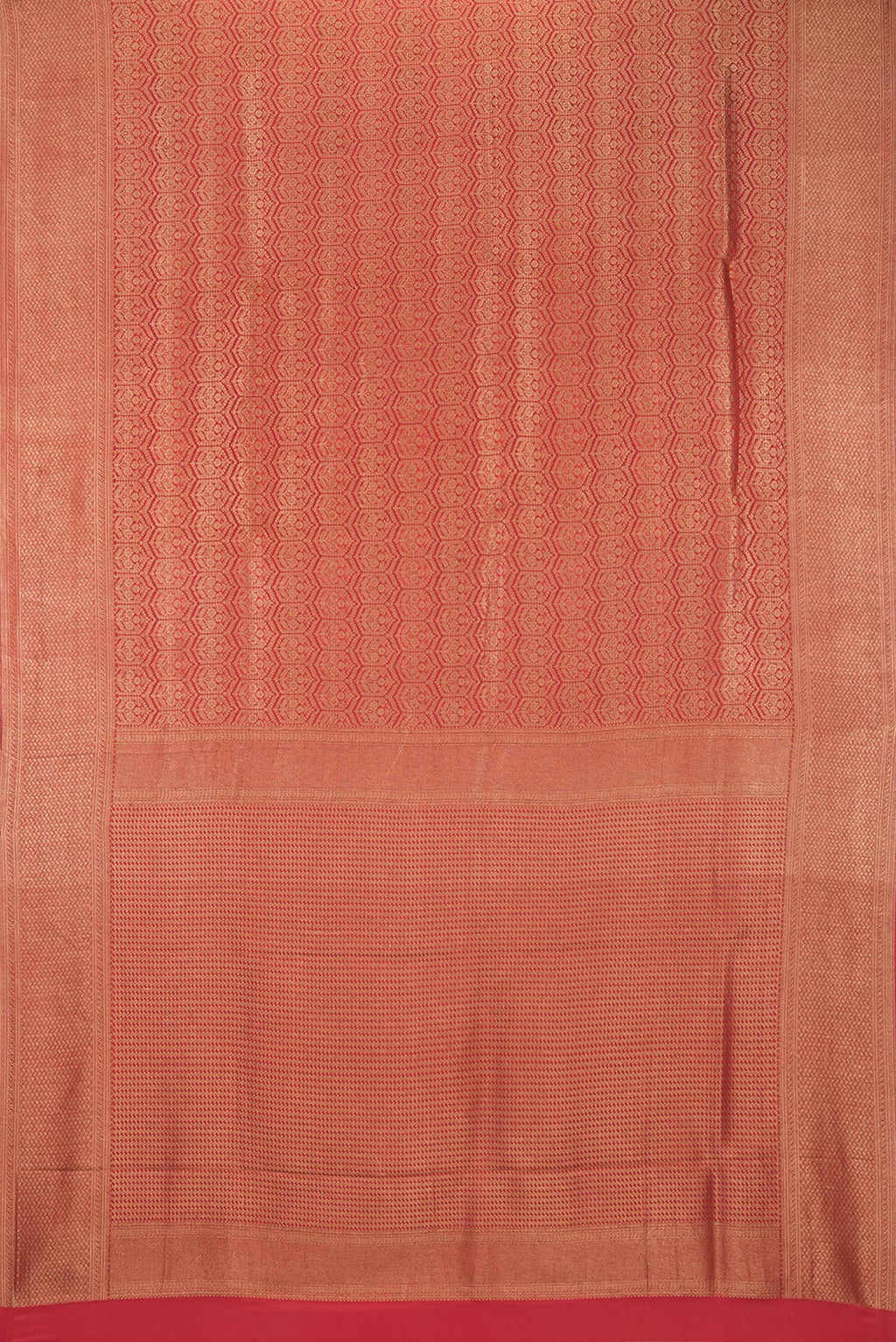 Flat view of Red Dual Tone Mysore Crepe Saree with Zari Brocade on the body and Zari Border. 