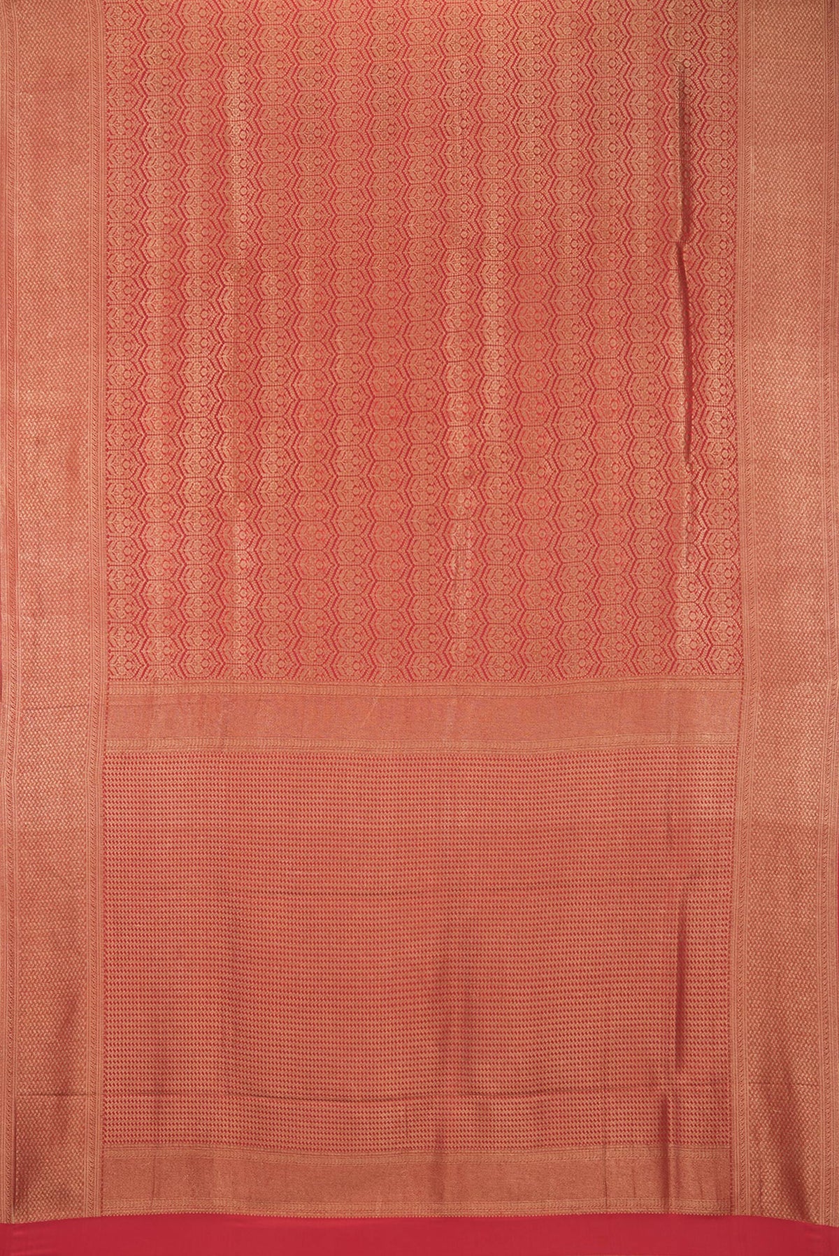 Flat view of Red Dual Tone Mysore Crepe Saree with Zari Brocade on the body and Zari Border. 