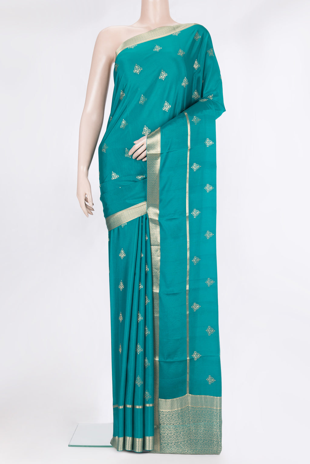 Pure Silk Sky Blue Dual Tone Banarasi Georgette Saree with Zari Butta on the body and Zari Border.  displayed on a mannequin