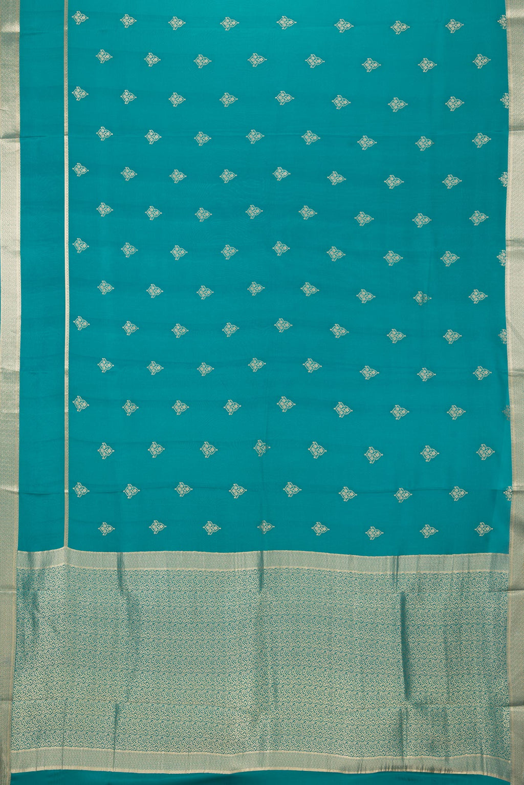 Flat view of Pure Silk Sky Blue Dual Tone Banarasi Georgette Saree with Zari Butta on the body and Zari Border. 