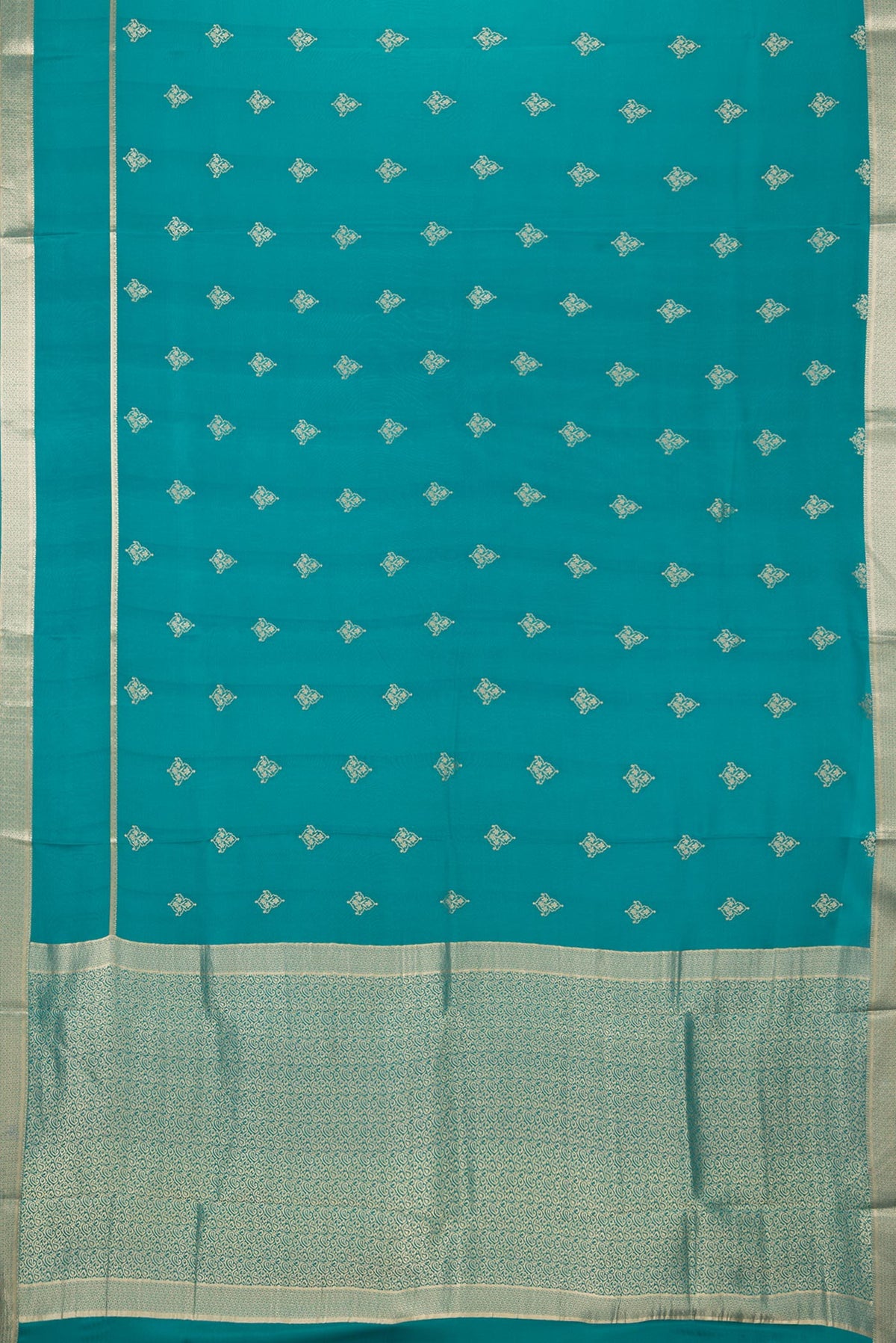 Flat view of Pure Silk Sky Blue Dual Tone Banarasi Georgette Saree with Zari Butta on the body and Zari Border. 