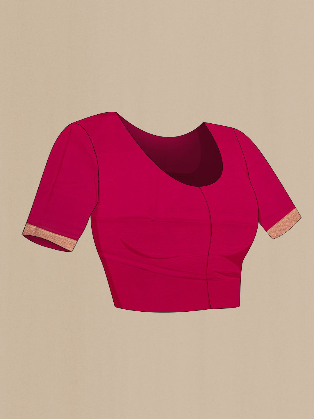 Close up image of the blouse of Dark Pink Georgette Saree with Zari Butta on the body and Zari Border. 