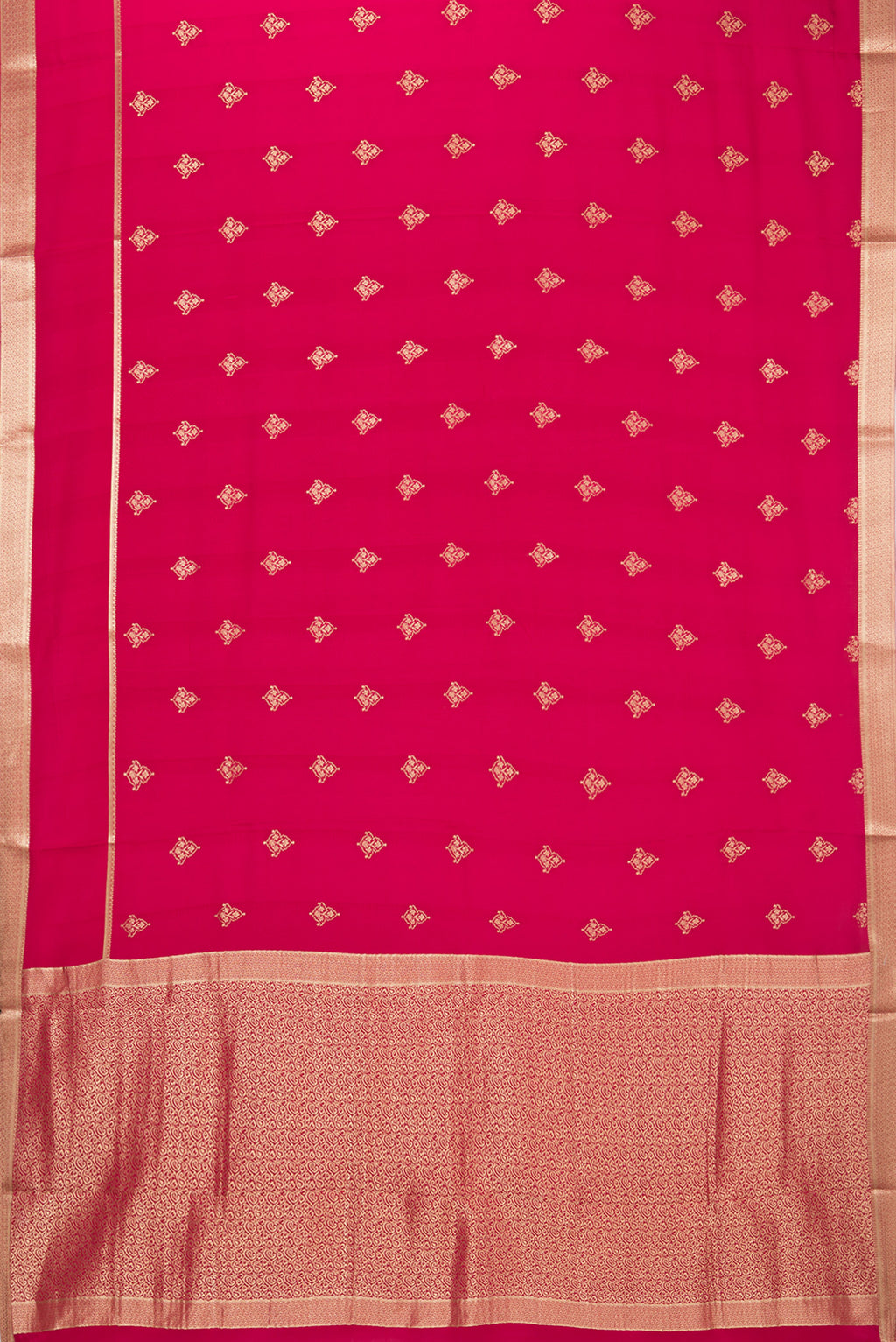 Flat view of Dark Pink Georgette Saree with Zari Butta on the body and Zari Border. 