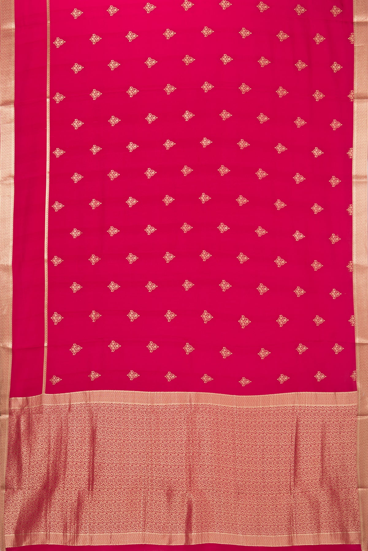 Flat view of Dark Pink Georgette Saree with Zari Butta on the body and Zari Border. 