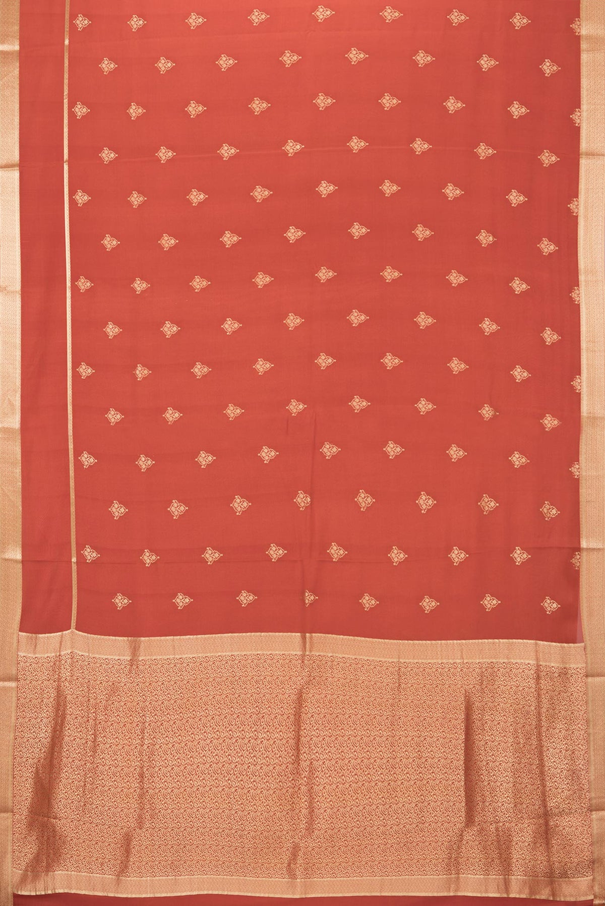 Flat view of Pure Silk Rust Dual Tone Banarasi Georgette Saree with Zari Butta on the body and Zari Border. 