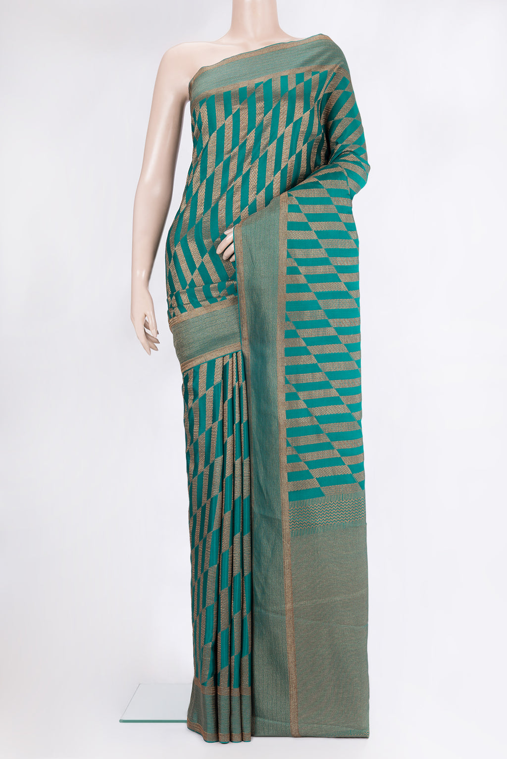 Blue Dual Tone Banarasi Georgette Saree with Zari Brocade on the body and Zari Border.  displayed on a mannequin