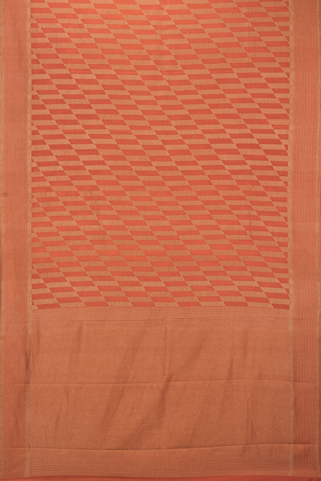 Flat view of Pure Silk Rust Dual Tone Banarasi Georgette Saree with Zari Brocade on the body and Zari Border. 