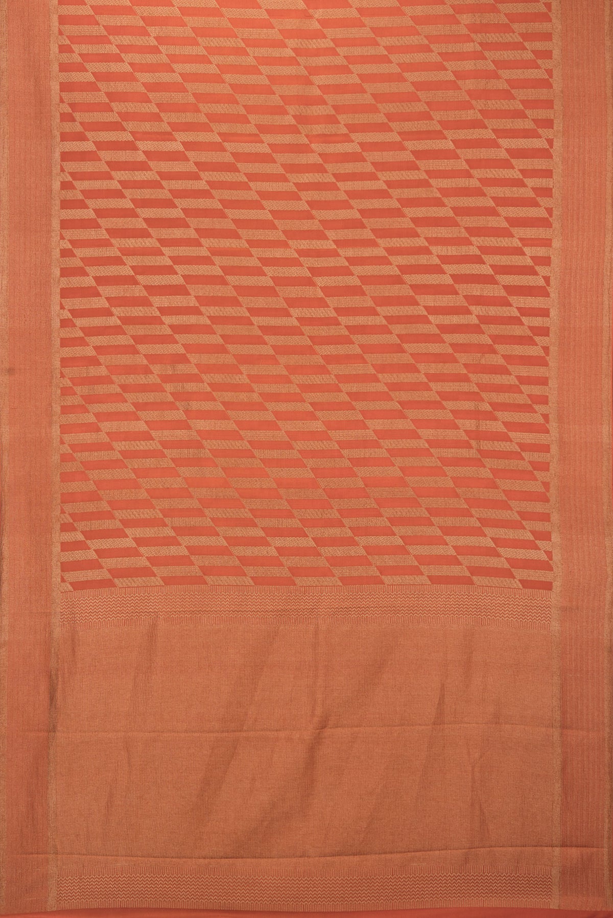 Flat view of Pure Silk Rust Dual Tone Banarasi Georgette Saree with Zari Brocade on the body and Zari Border. 