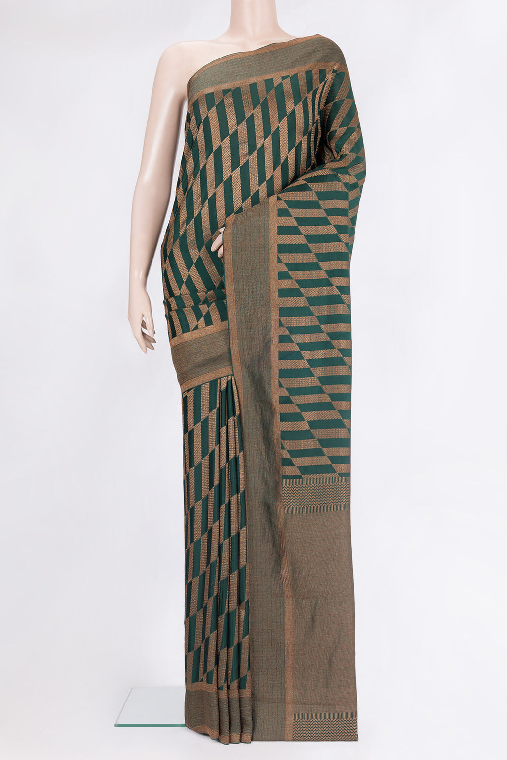 Pure Silk Bottle Green Dual Tone Banarasi Georgette Saree with Zari Brocade on the body and Zari Border.  displayed on a mannequin