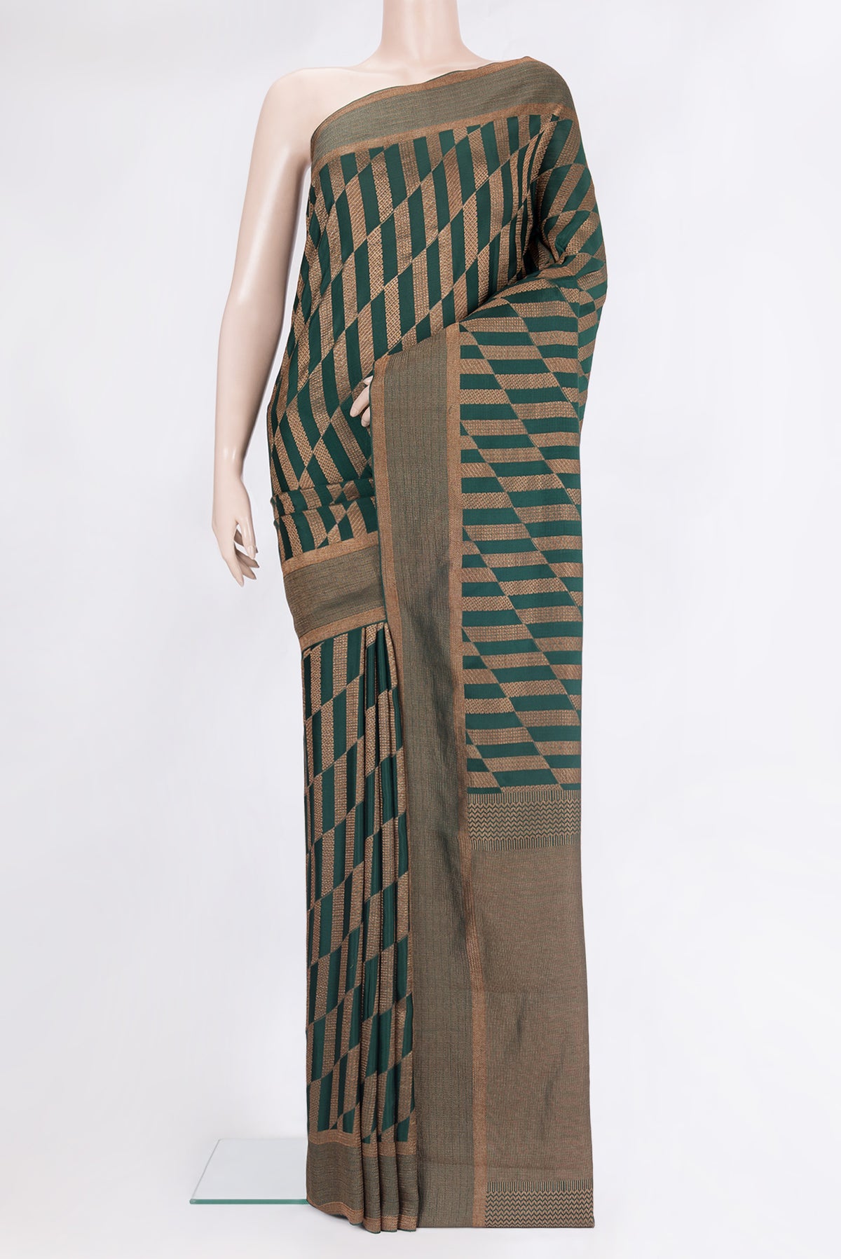 Pure Silk Bottle Green Dual Tone Banarasi Georgette Saree with Zari Brocade on the body and Zari Border.  displayed on a mannequin