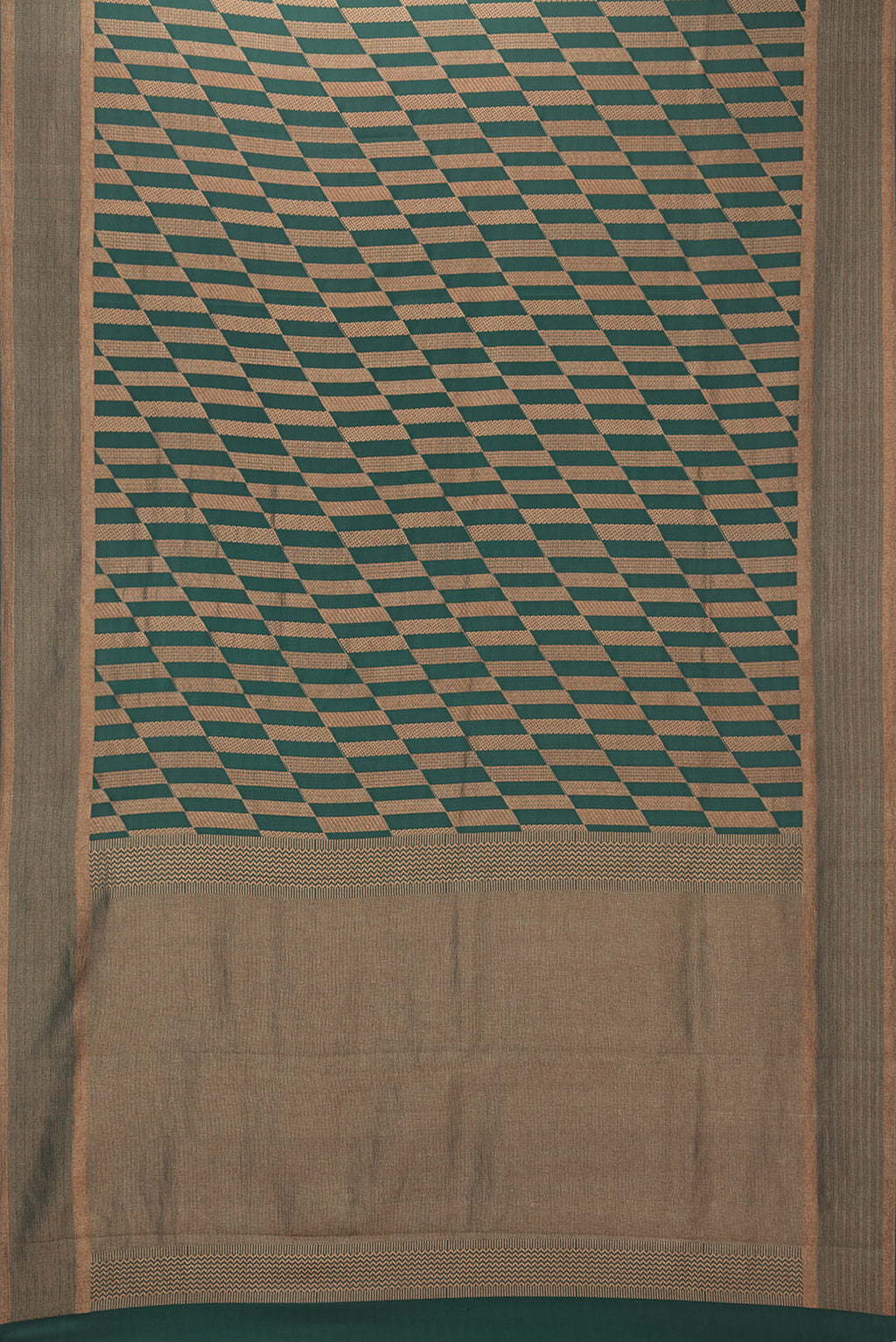 Flat view of Pure Silk Bottle Green Dual Tone Banarasi Georgette Saree with Zari Brocade on the body and Zari Border. 