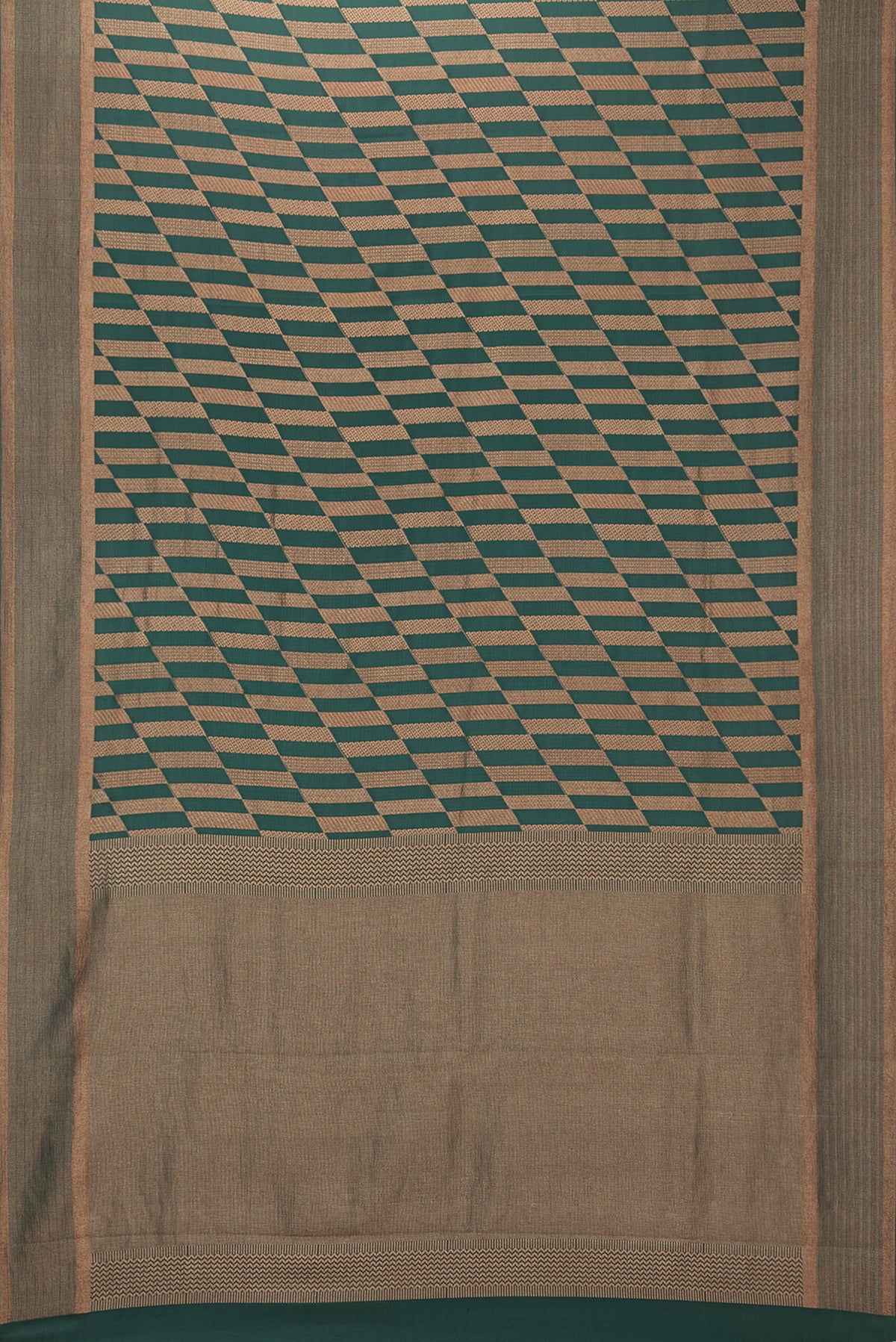 Flat view of Pure Silk Bottle Green Dual Tone Banarasi Georgette Saree with Zari Brocade on the body and Zari Border. 