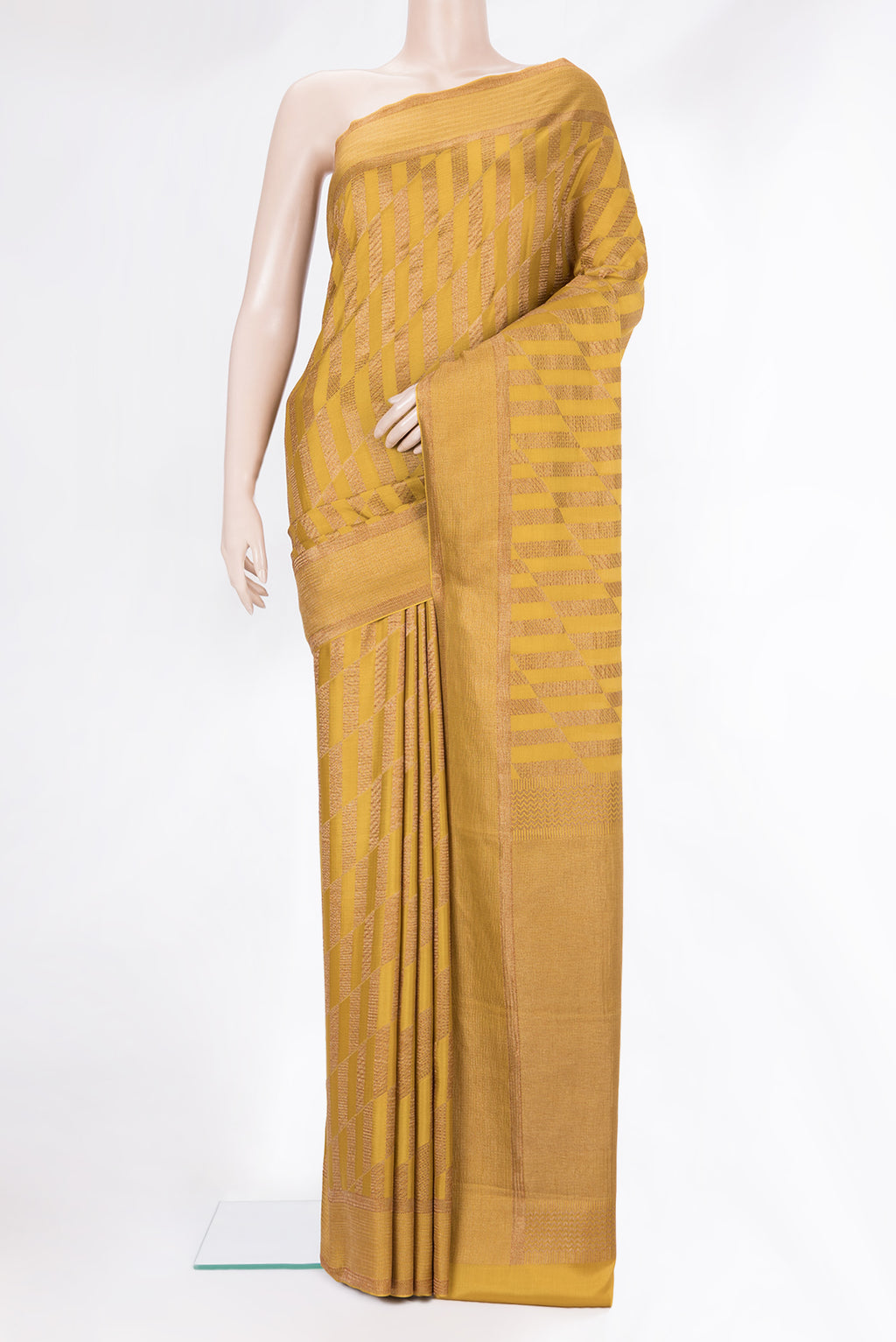 Mustard Dual Tone Banarasi Georgette Saree with Zari Brocade on the body and Zari Border.  displayed on a mannequin