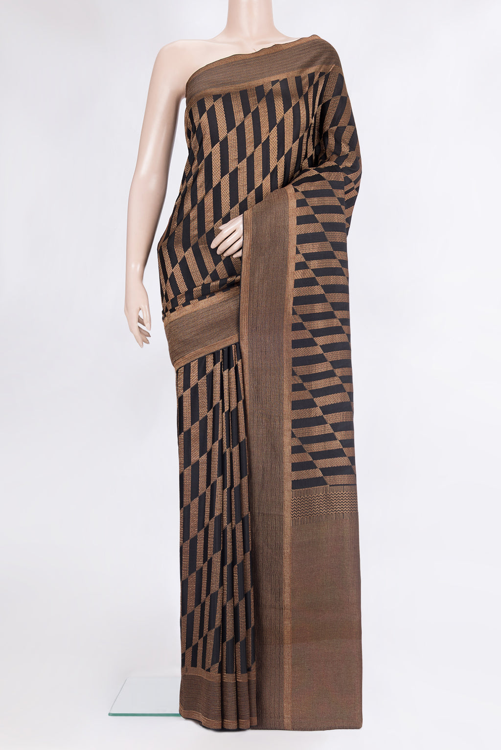Pure Silk Black Dual Tone Banarasi Georgette Saree with Zari Brocade on the body and Zari Border.  displayed on a mannequin