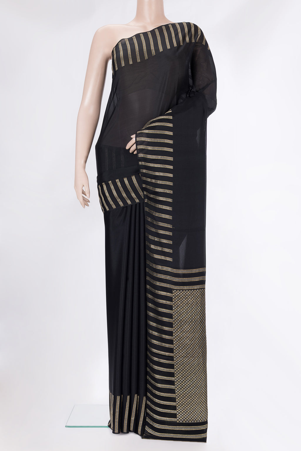 Black Banarasi Georgette Saree with Plain Body and Fancy Border.  displayed on a mannequin
