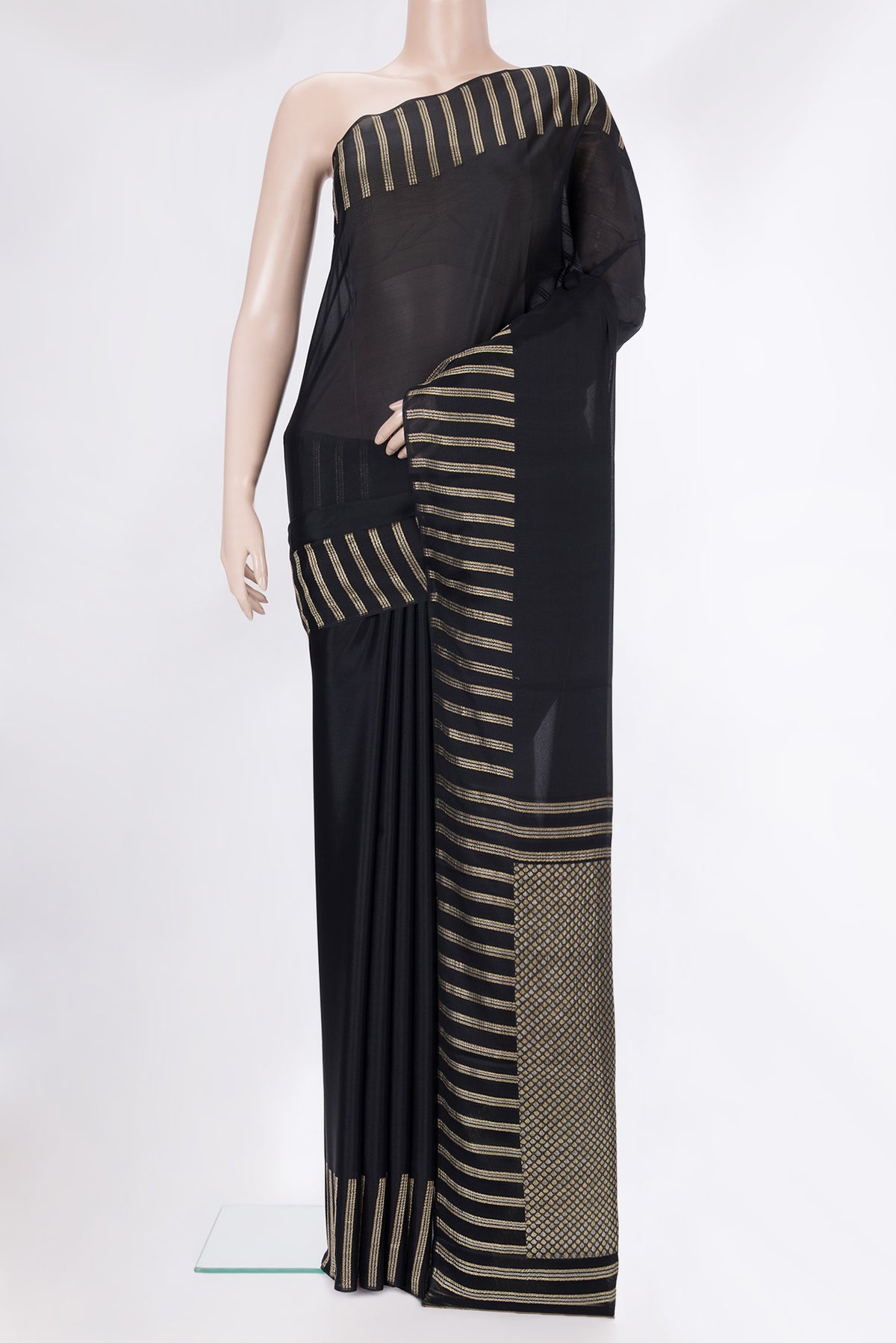 Black Banarasi Georgette Saree with Plain Body and Fancy Border.  displayed on a mannequin