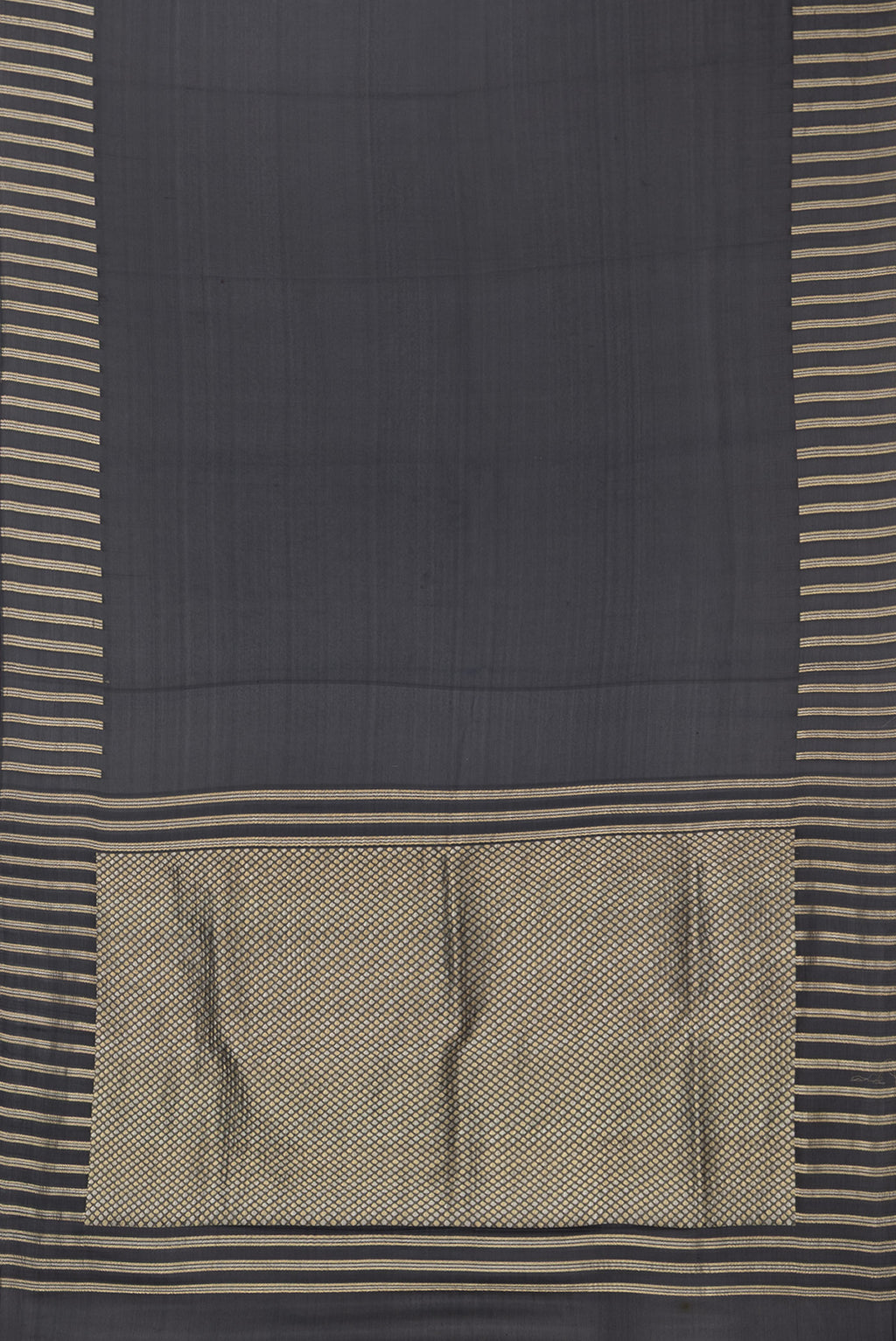 Flat view of Black Banarasi Georgette Saree with Plain Body and Fancy Border. 