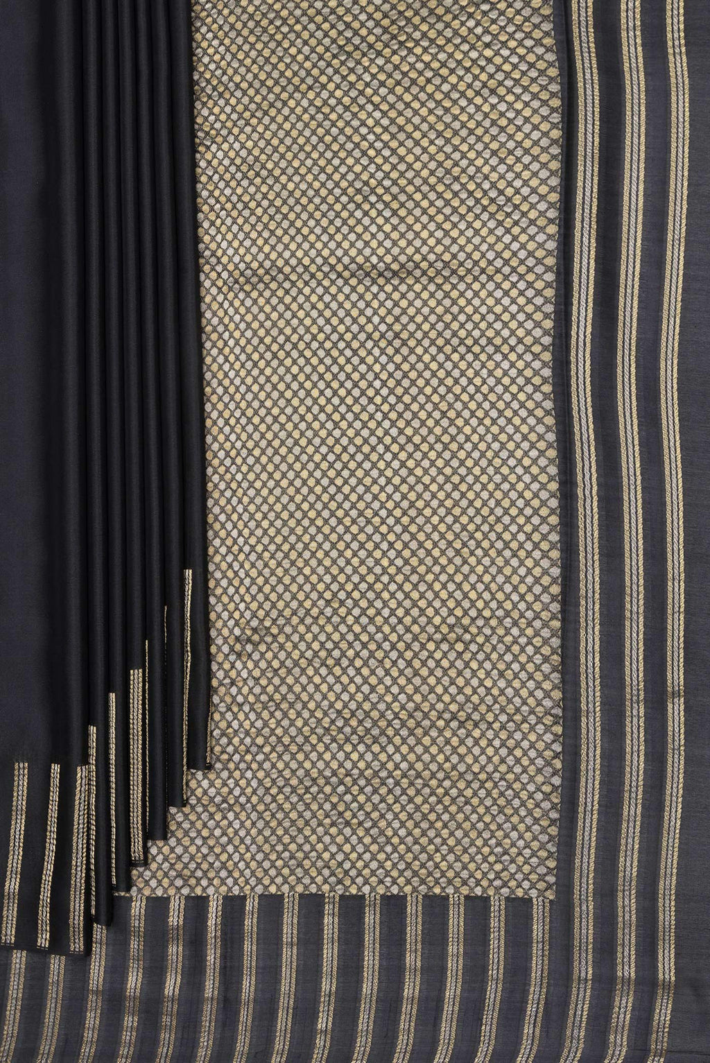 Pleats and pallu of Black Banarasi Georgette Saree with Plain Body and Fancy Border. 