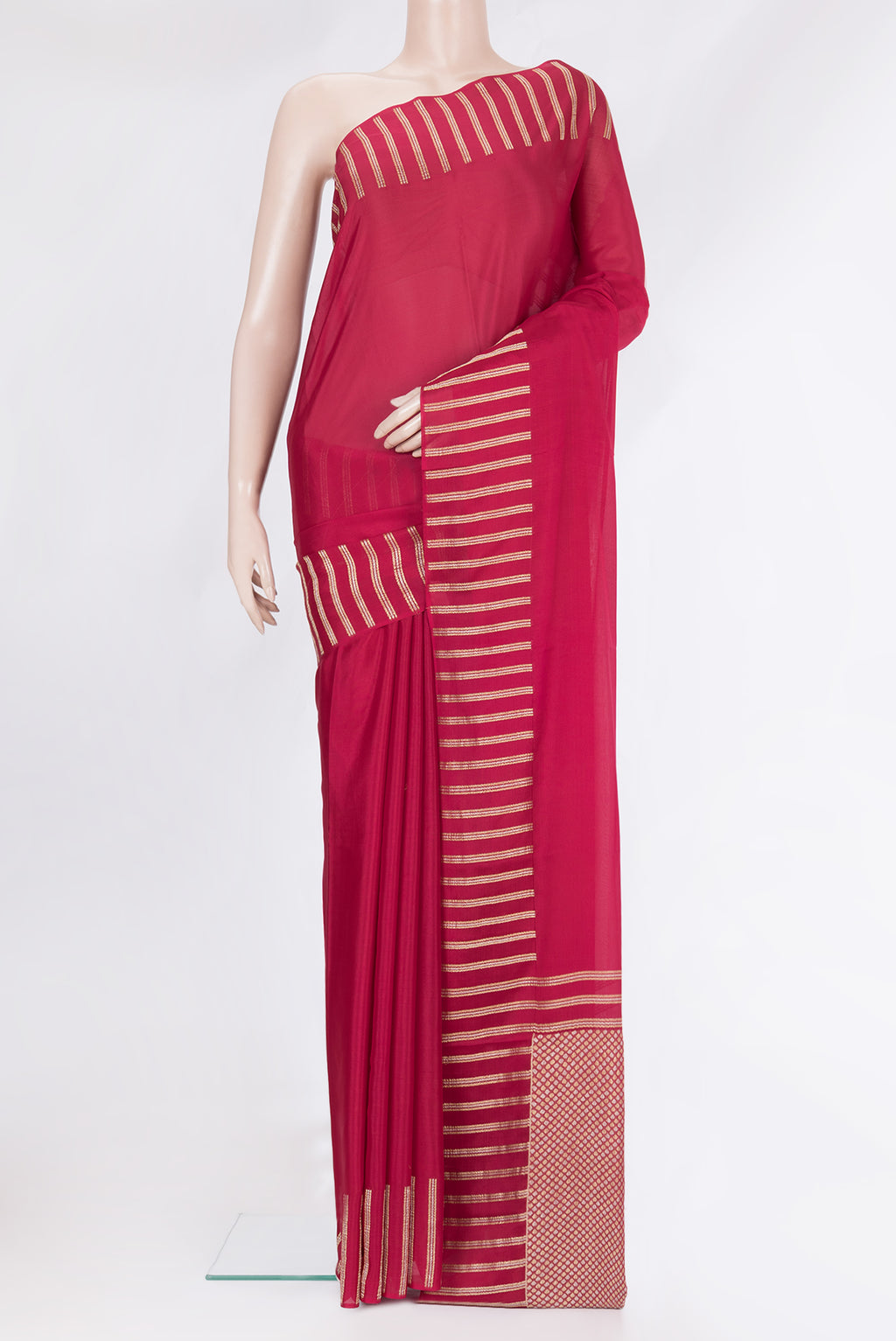 Dark Pink Georgette Saree with Plain Body and Fancy Border.  displayed on a mannequin
