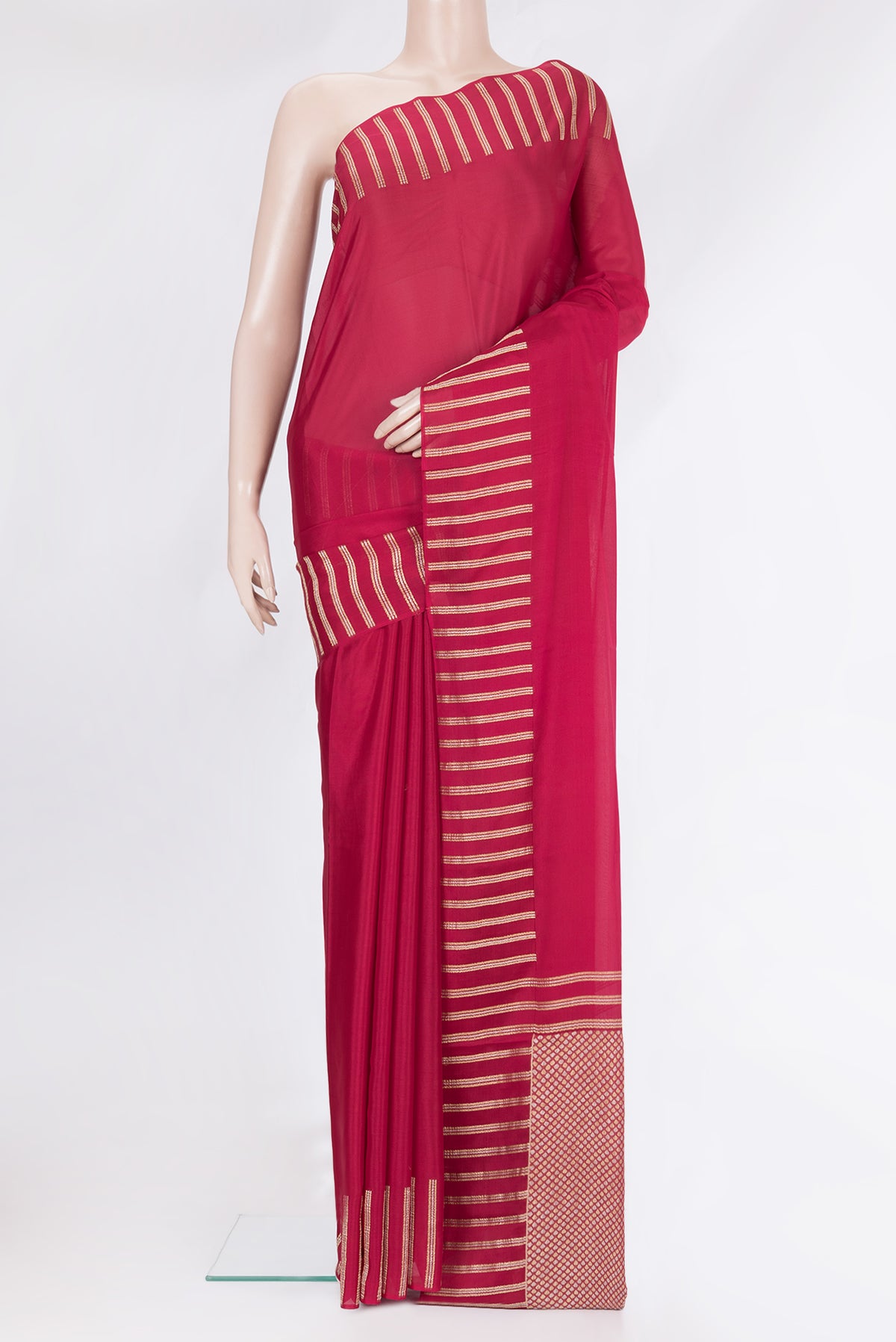 Dark Pink Georgette Saree with Plain Body and Fancy Border.  displayed on a mannequin
