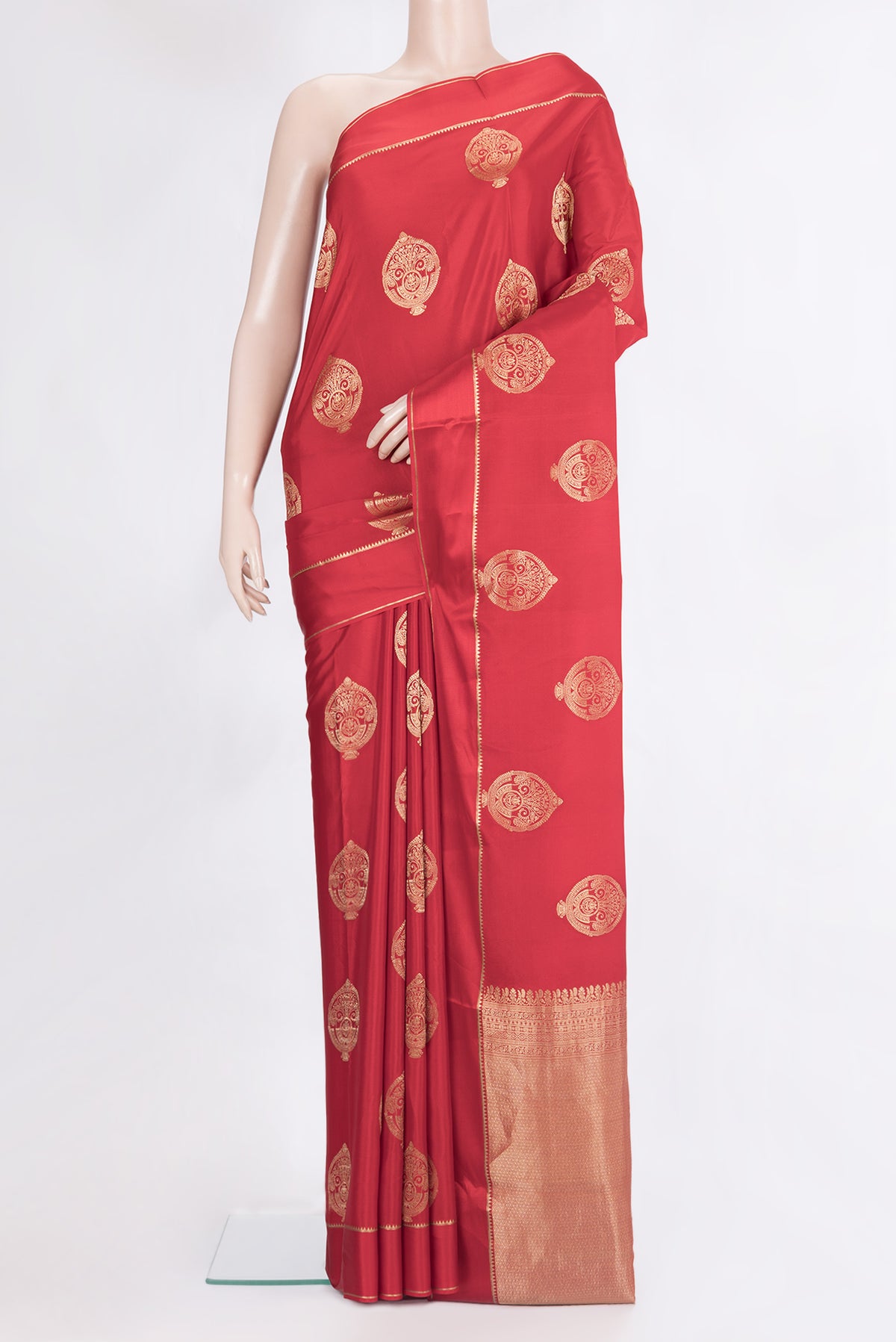Pure Silk Red Dual Tone Banarasi Georgette Saree with Zari Butta on the body and Zari Border.  displayed on a mannequin