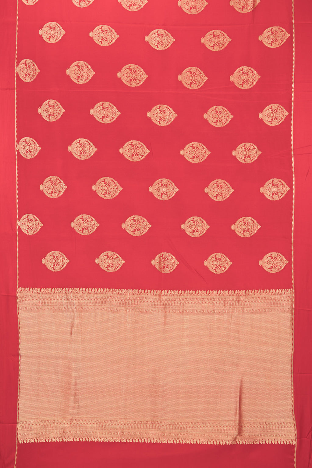 Flat view of Pure Silk Red Dual Tone Banarasi Georgette Saree with Zari Butta on the body and Zari Border. 