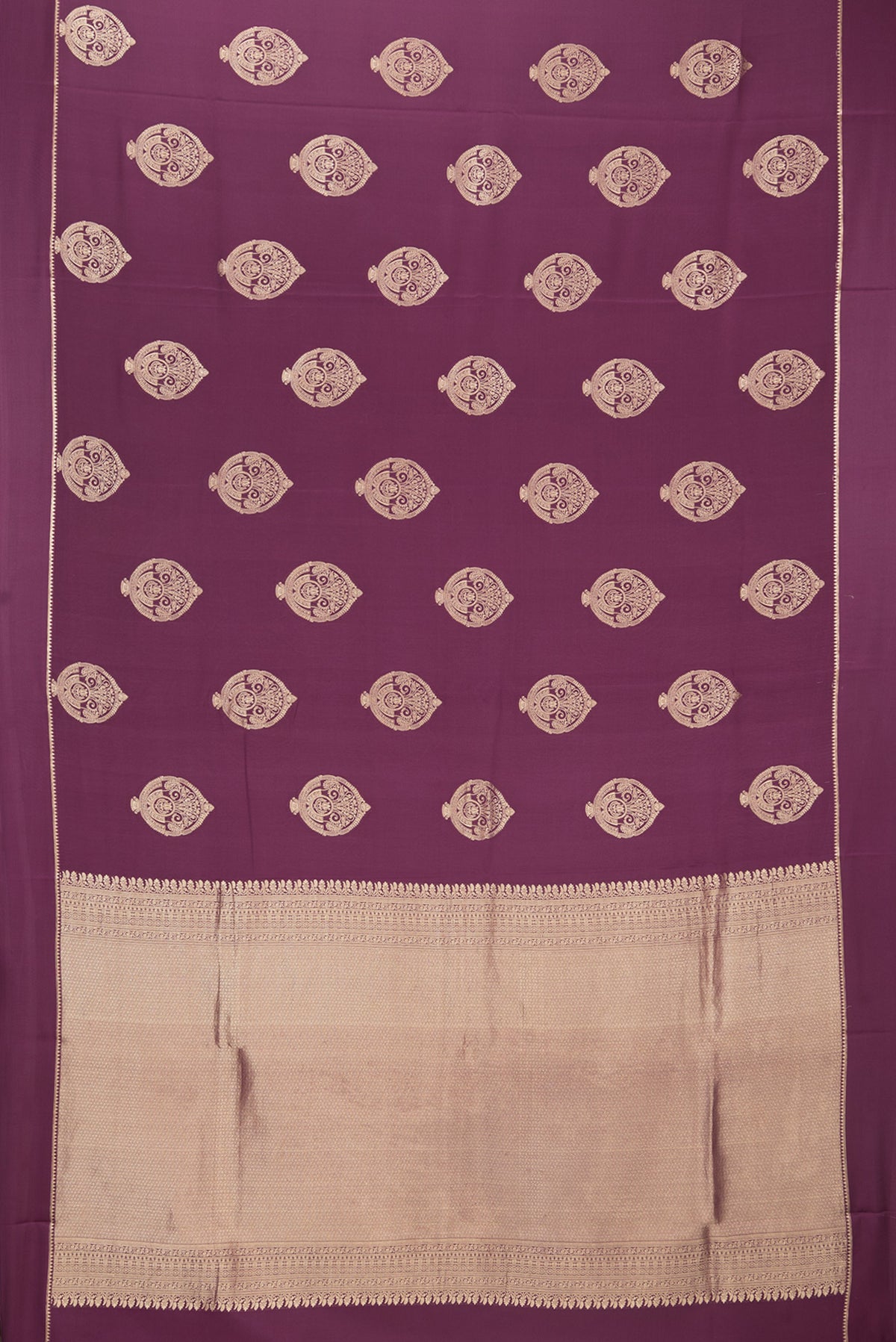 Flat view of Pure Silk Purple Dual Tone Banarasi Georgette Saree with Zari Butta on the body and Zari Border. 