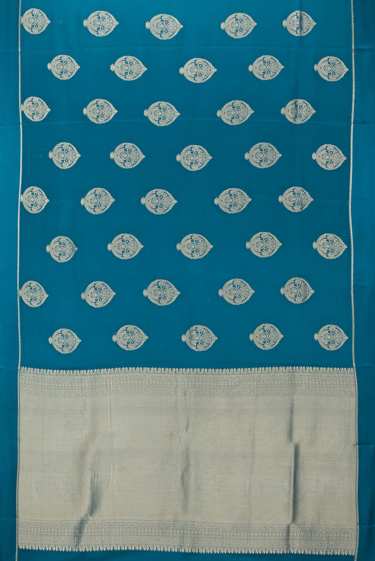 Flat view of Pure Silk Peacock Blue Dual Tone Banarasi Georgette Saree with Zari Butta on the body and Zari Border. 